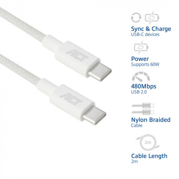 ACT USB 2.0 60W uzlādes/datu kabelis USB-C uz USB-C, balts, 2 m (AC3081)