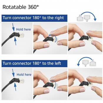 ACT DD1900 melns 0,5m U/FTP CAT6A slimline tīkla kabelis ar leņķa 360° rotējošiem RJ45 savienotājiem