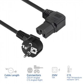 ACT AK5349 Barošanas kabelis Schuko CEE 7/7 taisns leņķa kontaktdakša uz IEC C15 ligzda leņķa labais 1m melns