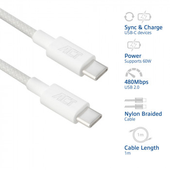 ACT USB 2.0 60W uzlādes/datu pārvades kabelis USB-C uz USB-C, balts, 1 m (AC3080)