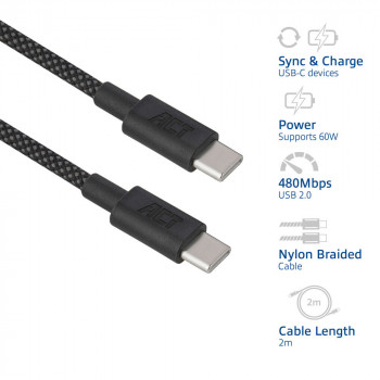 ACT USB 2.0 60W uzlādes/datu kabelis USB-C uz USB-C, melns, 2 m (AC3083)