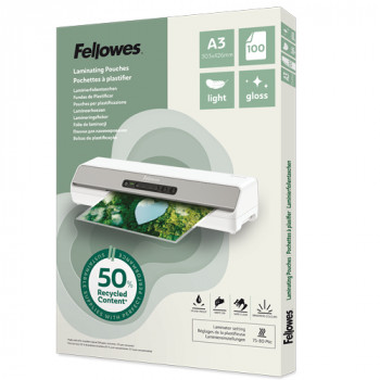 Fellowes Eco Gloss A3 laminēšanas kabatas, 80 mikroni, 100 gab., 50% pārstrādātas