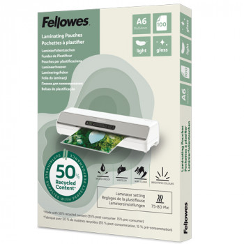 Fellowes laminēšanas kabatas A6 spīdīgas 160 mikroni 100 gab. - 50% pārstrādāts materiāls 100143441