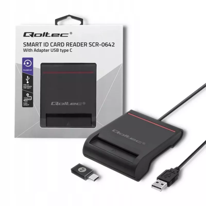 ID kartes skeneris QOLTEC Smart chip ID card scanner — USB, melns, 84.5×65×16 mm, 63 g