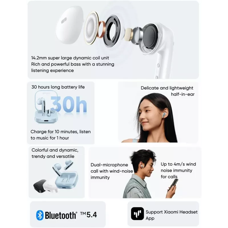 Xiaomi Redmi Buds 6 Active BHR8391GL True Wireless austiņas ausīs, Bluetooth 5.4, IPX4, darbības rādiuss līdz 10 m, baltas