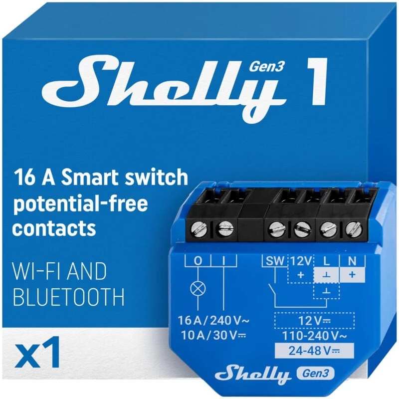 Shelly 1 Gen3 viedais releja slēdzis ar sauso kontaktu 16A, WiFi