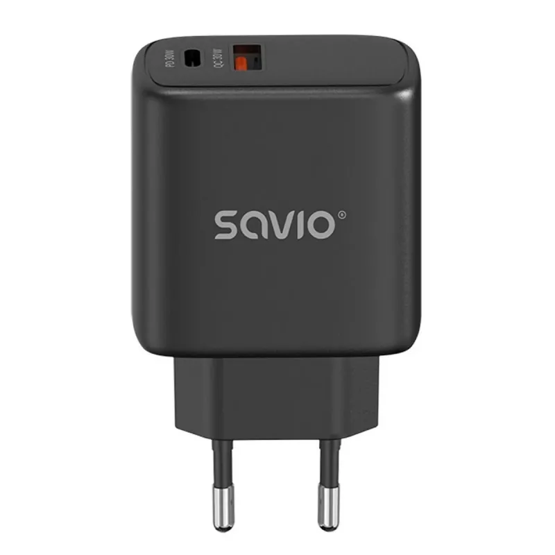 SAVIO LA-06/B 30 W sienas uzlādes ierīce, USB-A + USB-C, Quick Charge, Power Delivery 3.0, melna