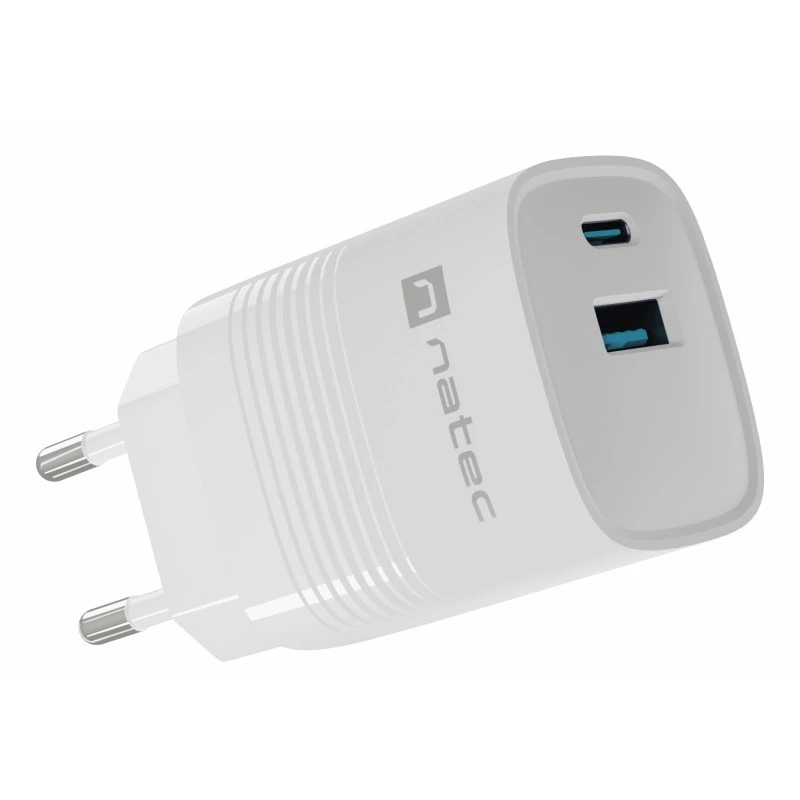 Vadu mobilās ierīces lādētājs NATEC NUC-2140, 30W, USB-C PD 3.0 + USB-A, Samsung AFC, Balts