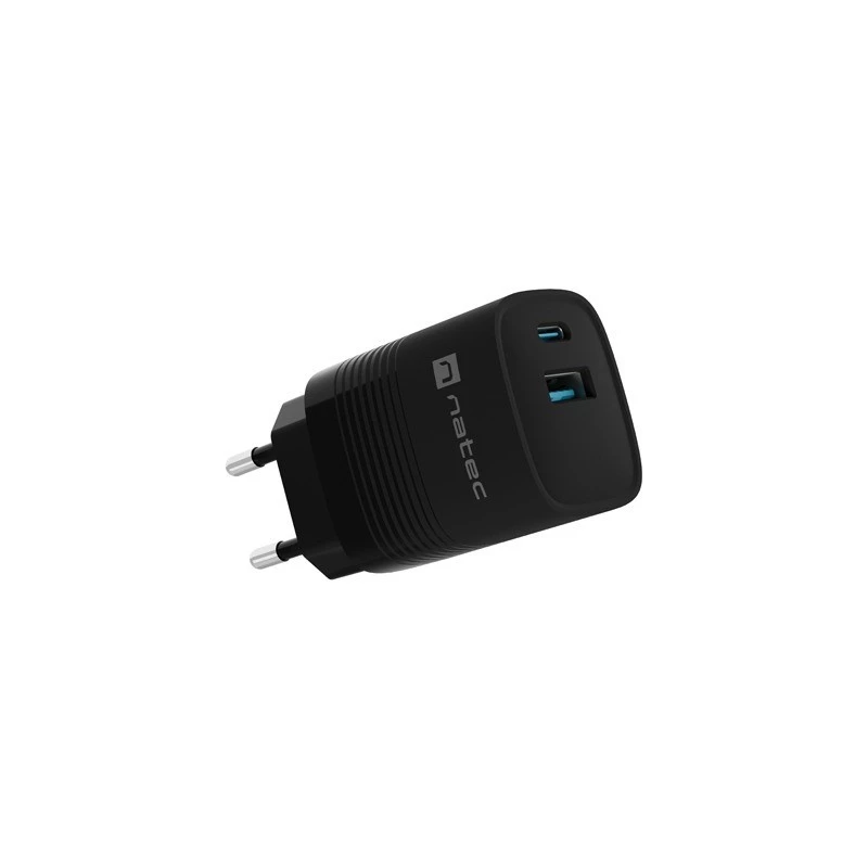 NATEC vadu mobilās ierīces lādētājs NUC-2141, 30W, USB-C PD 3.0 + USB-A QC 3.0, 110–240V, melns