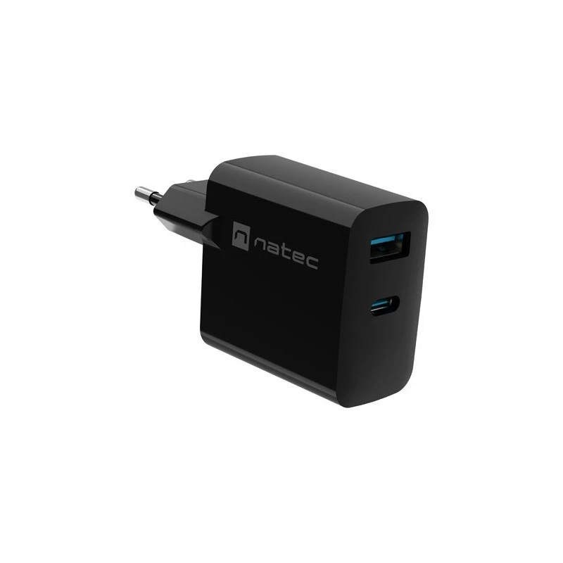 Vadu mobilās ierīces lādētājs NATEC NUC-2145, 65W, USB-C PD 3.0 + QC 3.0, 1x USB-C, 1x USB-A, 110–240V, Melns
