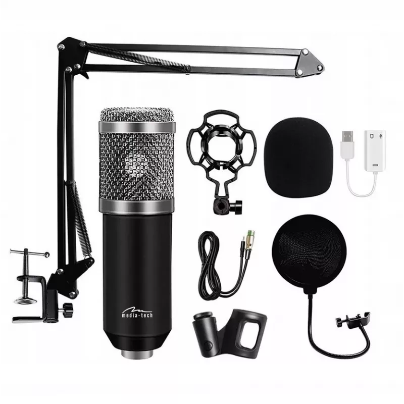 PC mikrofons MEDIA-TECH MT397S — vadu, XLR ieeja, 20–20000 Hz, 150 Ω, -32 dB, 2.4 m kabelis, galda statīvs, melns