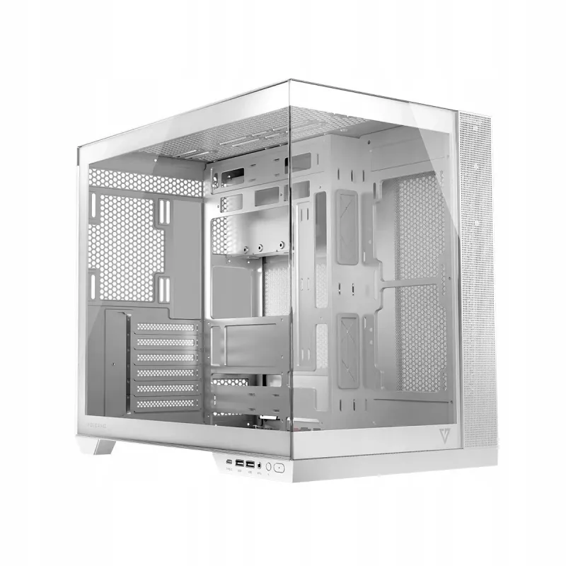 PC korpuss MODECOM Volcano Panorama Midi Tower balts — micro ATX, rūdīts stikls, ARGB, USB-C, atbalsta GPU līdz 400 mm