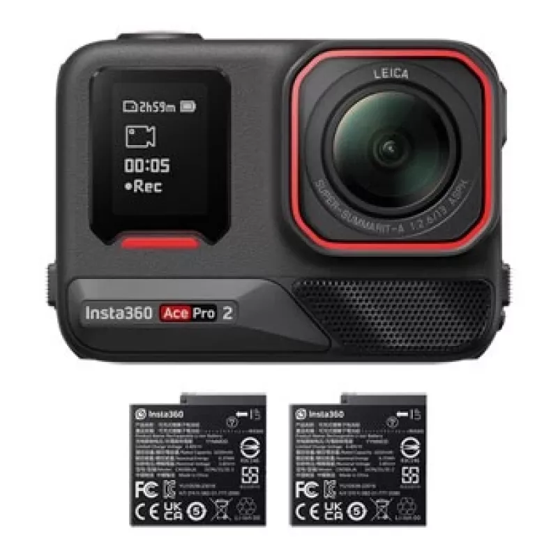 Action kamera Insta360 Ace Pro 2 — 50 MP, 8K Ultra HD (7680×3272), 1/1.3 collu sensors, līdz 240 kadriem/s, iebūvēts ekrāns, Wi‑Fi, MicroSD, 177,7 g, Melna