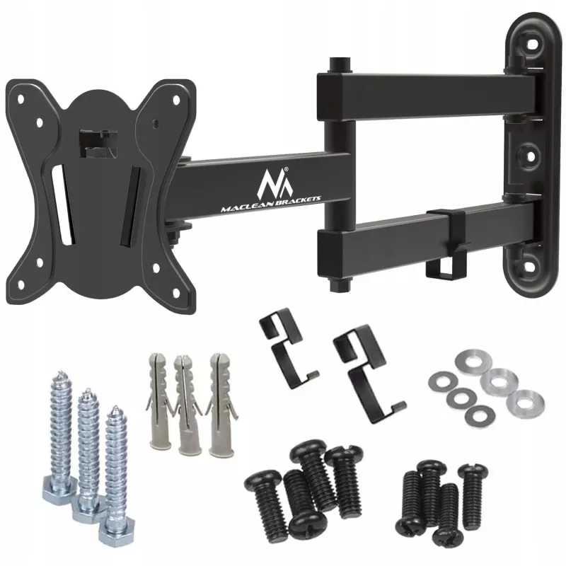 Maclean MC-417 Pilnas Kustības TV un Monitora Sienas Stiprinājums 13-32 collas 30kg VESA 100x100 Melns Pulverkrāsots Universāls Turētājs Kronšteins Regulējams Attālums no Sienas Grozāms Slīpējams