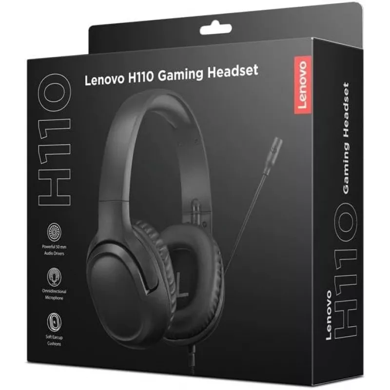 Lenovo H110 spēļu austiņas GXD1P46879, vadu, 3,5 mm, iebūvēts mikrofons, 50 mm skaļrunis, 50 Hz-20 kHz, 32 Ω, melnas
