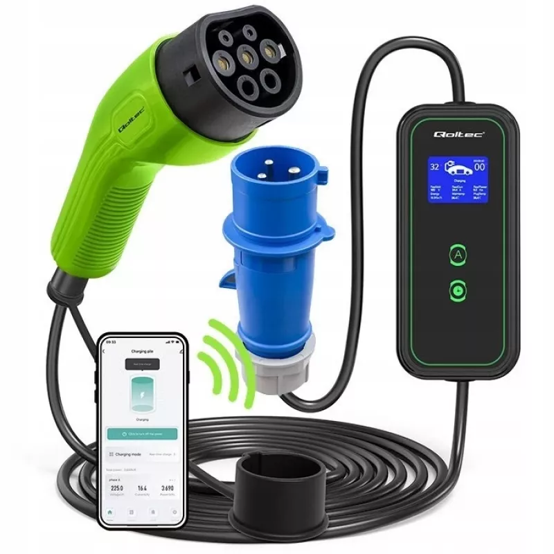 Qoltec Mobilais EV Auto Lādētājs Regulējams 2in1 Type2 | 7kW | 230V | CEE 3 PIN | Wi-Fi | LCD | Pārnēsājams | Wallbox | 5m