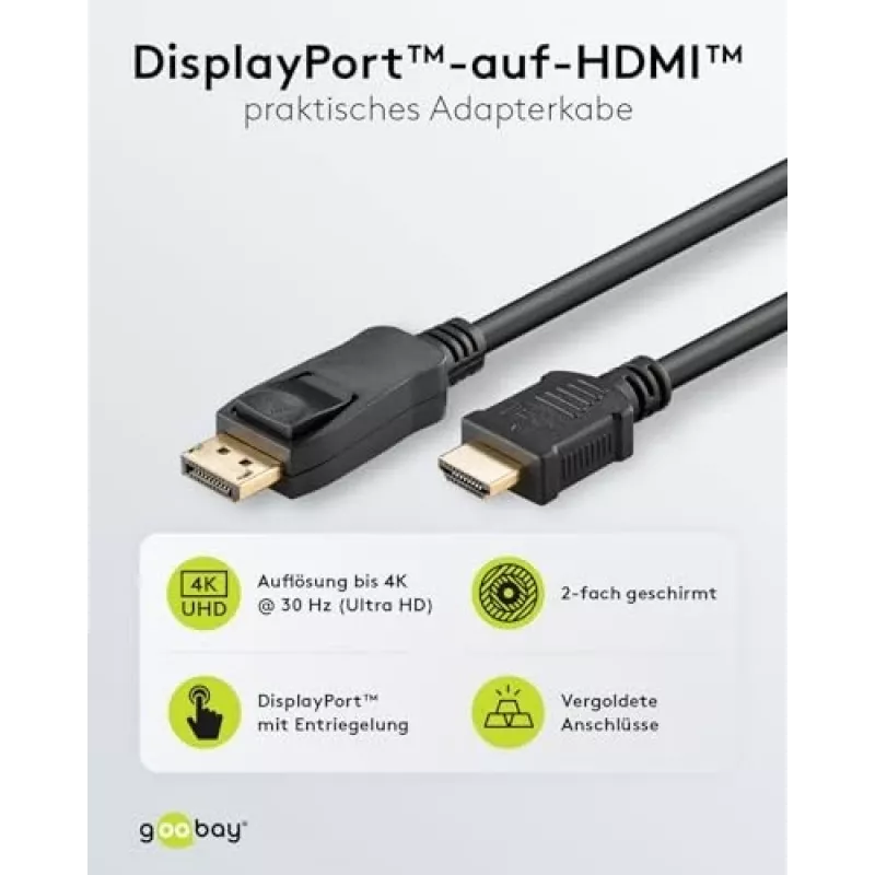 GOOBAY 64836 DisplayPort 1.2 uz HDMI adaptera kabelis 1.4, 4K @ 30Hz, apzeltīti savienotāji
