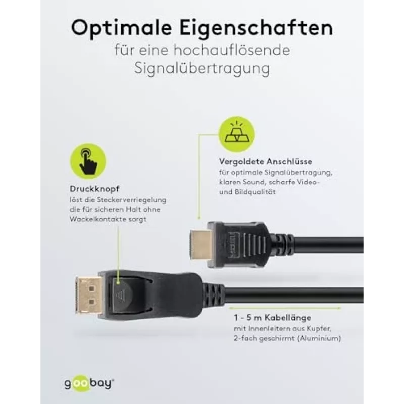 GOOBAY 64836 DisplayPort 1.2 uz HDMI adaptera kabelis 1.4, 4K @ 30Hz, apzeltīti savienotāji