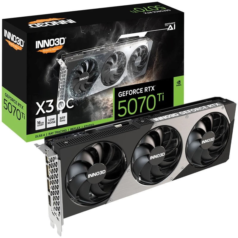 Grafikas karte Inno3D GeForce RTX 5070 Ti — 16 GB GDDR7, PCIe 5.0, 256-bit, 3x DisplayPort 2.1b + HDMI 2.1b