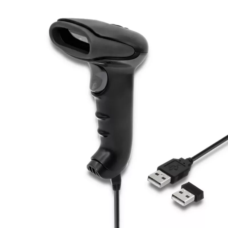 Rokas svītrkodu lasītājs QOLTEC 50868 — 1D/2D lāzera skeneris, USB vads un bezvadu, darba attālums 600 mm, melns