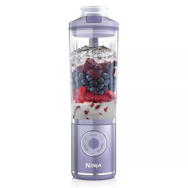 Pārnēsājamais blenderis Ninja BC251EULD — 0,57 L bļoda, akumulators 11,1 V, nerūsējošā tērauda asmeņi, lavandas/caurspīdīgs