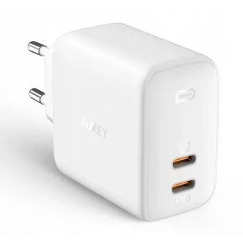 Sienas lādētājs Aukey PA-B4 2x USB Balts GaN – kompakts USB barošanas adapteris ar diviem USB portiem