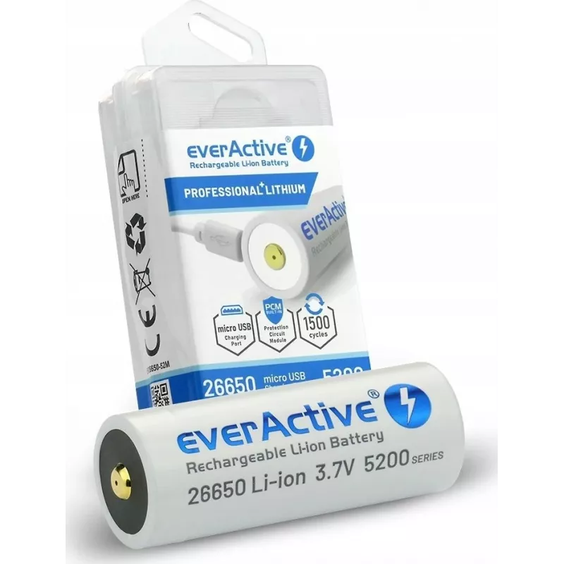 Akumulatora baterija everActive EV26650-52M 3.7V 5200mAh ar Micro USB uzlādi