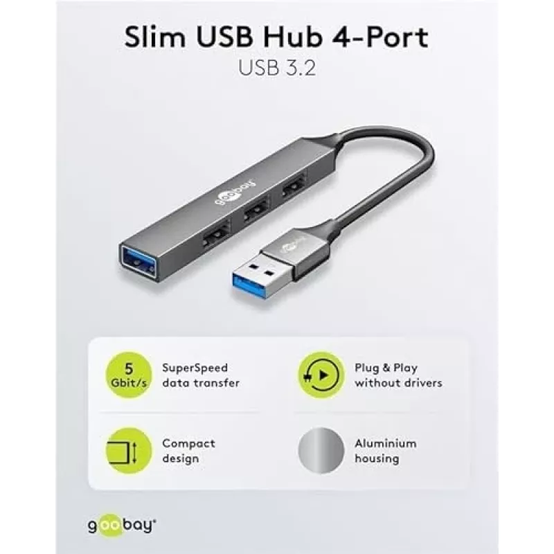 Goobay USB Hubs 74456 4-portu USB-A centrmezgls 5 Gbit/s gaiši pelēks