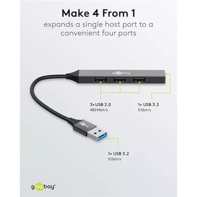 Goobay USB Hubs 74456 4-portu USB-A centrmezgls 5 Gbit/s gaiši pelēks