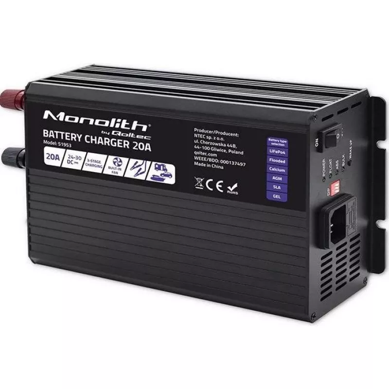 Qoltec Smart Monolith lādētājs LiFePO4 AGM GEL SLA akumulatoriem | 20A | 24V
