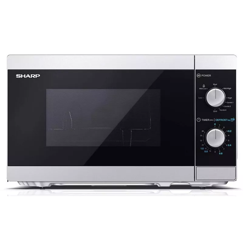 Kombinētā mikroviļņu krāsns Sharp YC-MG01E-S — 20 L, 800 W mikroviļņi, 1000 W grils, 5 jaudas līmeņi, rotācijas vadība, 25,5 cm pagrieziena galds