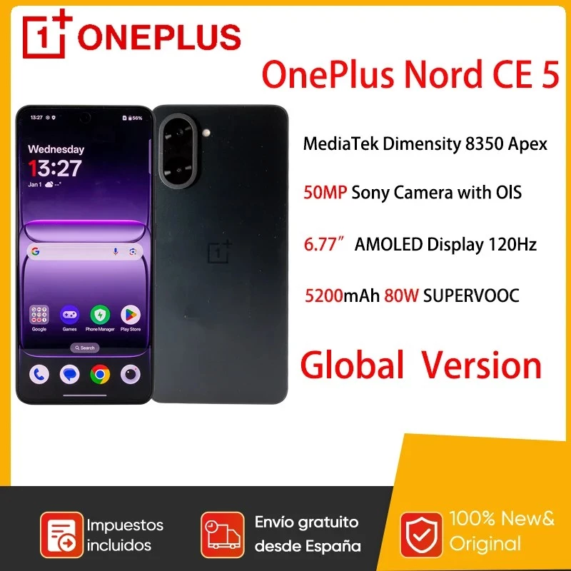 OnePlus Nord CE 5 5G viedtālrunis MediaTek Dimensity 8350 Apex 6,77 collu AMOLED displejs 5200 mAh 80 W SUPERVOOC 50 MP Sony kamera OIS