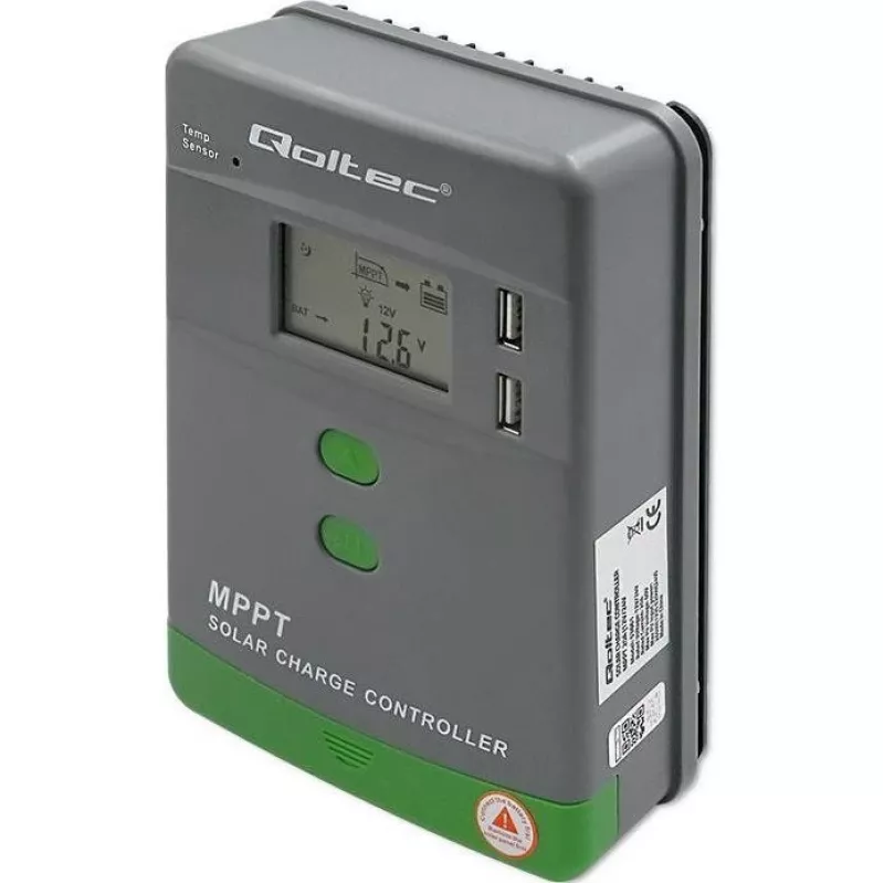 Qoltec MPPT saules lādētāja kontrolieris ar temperatūras sensoru 20A 12V/24V LCD displejs 2 x USB