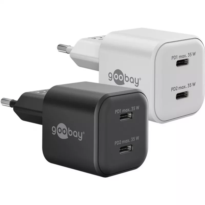 USB-C Divu Ātrās Uzlādes Lādētājs Nano, PD, GaN, 35 W (Balts, 2x USB-C, Power Delivery 3.0)