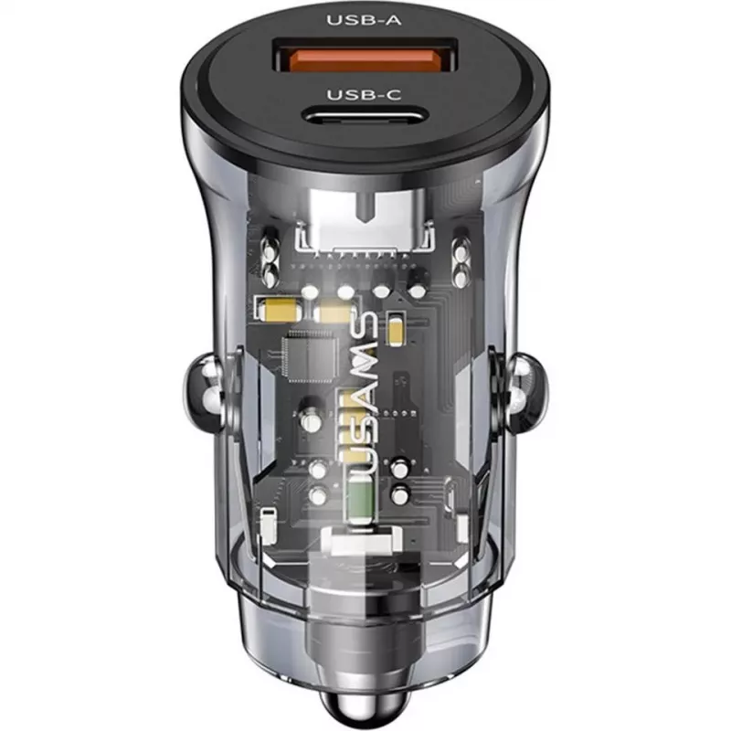 usams CC164CC01 30W auto lādētājs ar 1×USB-A un 1×USB-C ātrai uzlādei
