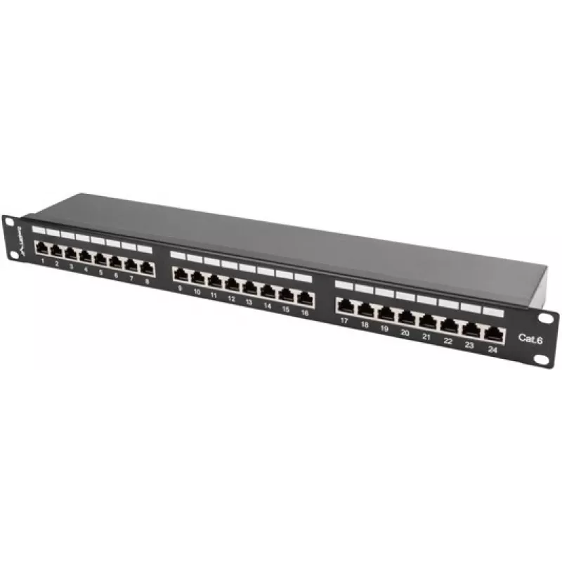 Patch panel 1U LANBERG PPS6-1024-B, 24-portu Cat6, metāla, melns, 442×114.5×44.5 mm