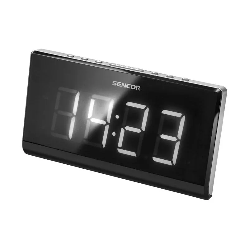 Modinātājpulkstenis ar radio SENCOR SRC 340 — FM modinātājs ar 1,8 collu baltu LED displeju, sarkanu 180° projekciju, dubulto modinātāju, 10 FM iepriekš iestatītām stacijām, baterijas dublējumu