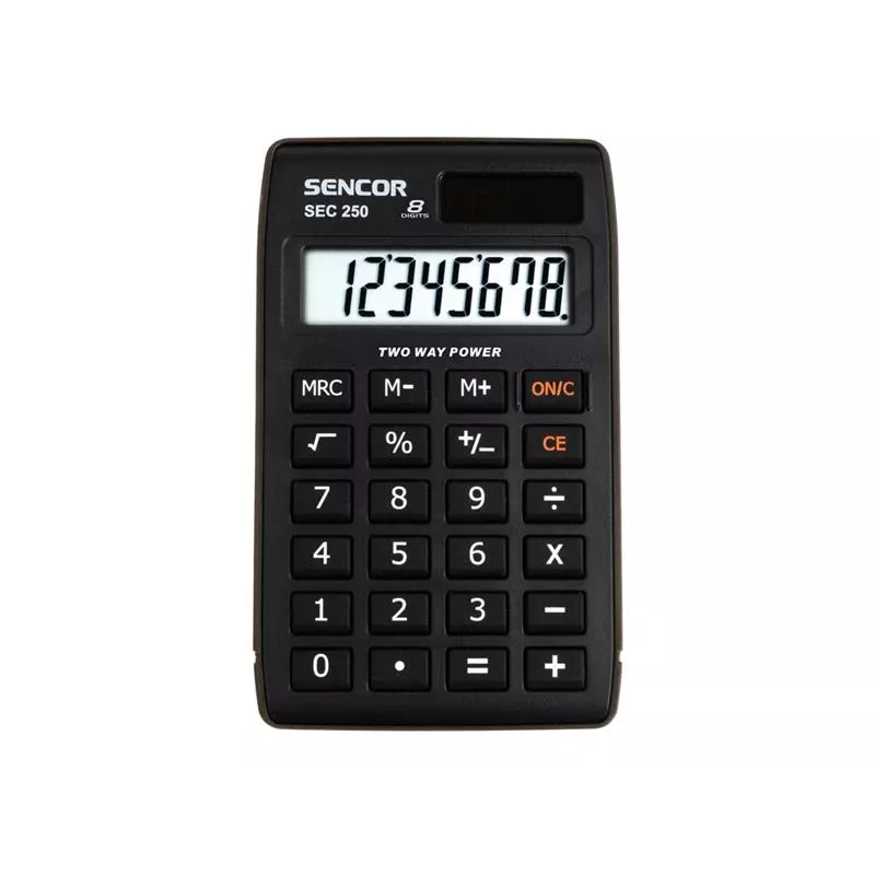 SENCOR SEC 250 kabatas kalkulators, 8 ciparu LCD, dubultā barošana