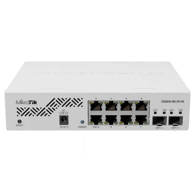 Tīkla slēdzis MikroTik CSS610-8G-2S+IN — 8x Gigabit RJ-45, 2x SFP+ 10G, PoE, 12–57 V ieeja
