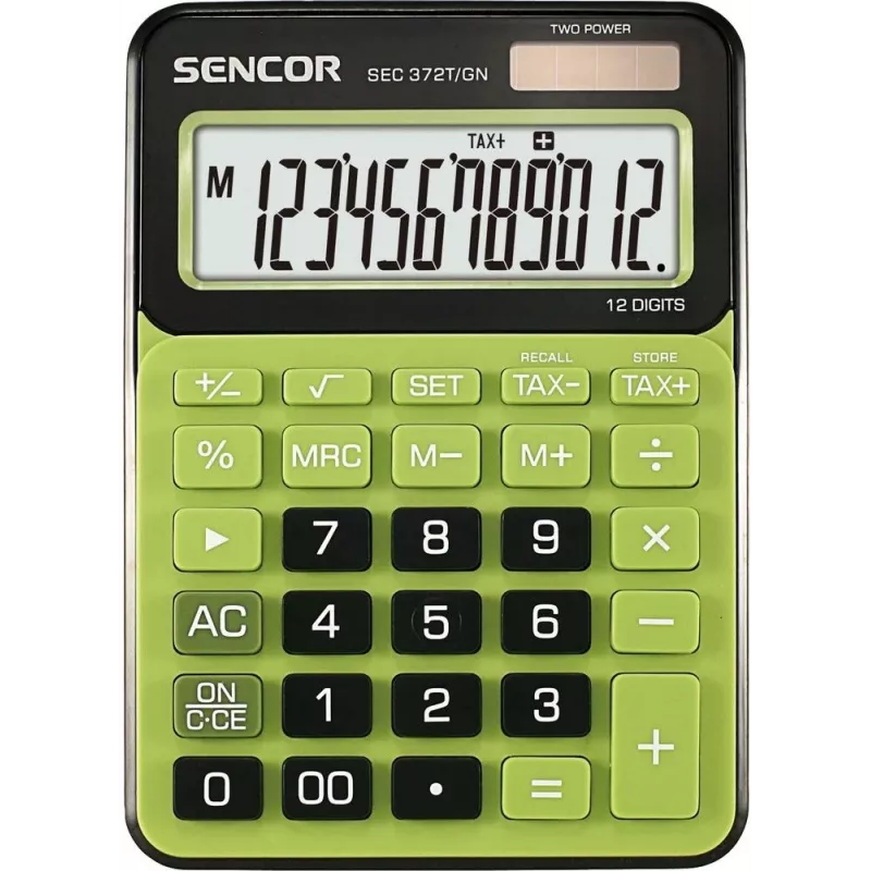 Galda kalkulators SENCOR SEC 372GN 12-ciparu LCD, pamata aritmētiskās funkcijas, saules un bateriju barošana
