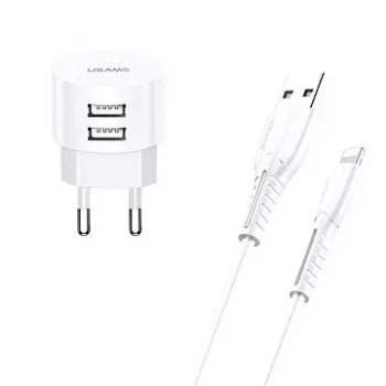usams Charger T20 2x USB 2.1A ar Lightning kabeli — kompakts sienas lādētājs