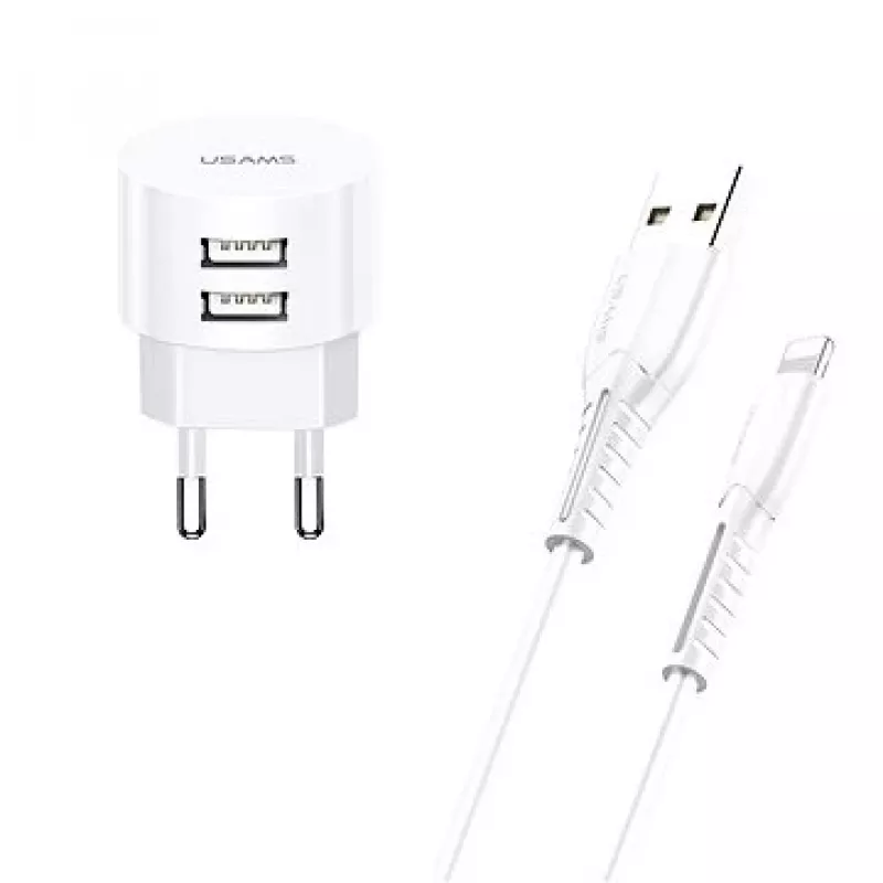 usams Charger T20 2x USB 2.1A ar Lightning kabeli — kompakts sienas lādētājs