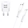 Lādētājs usams XTXLOGT18TC05 ar 2× USB portiem un iebūvētu USB‑C kabeli, 2.1 A