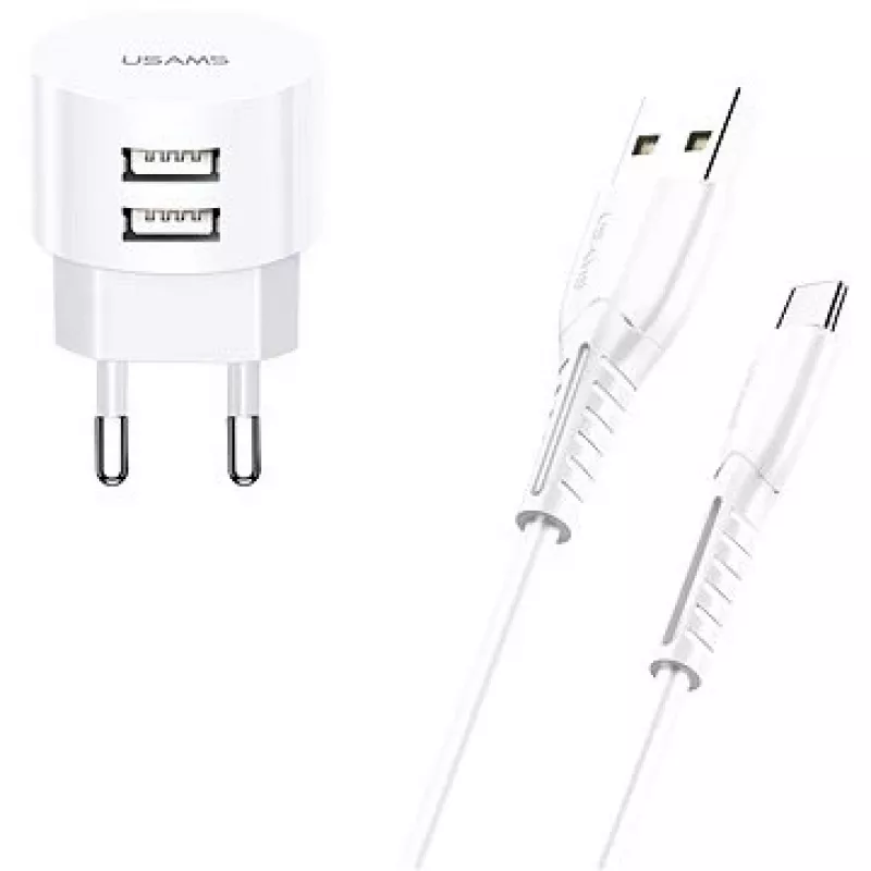 Lādētājs usams XTXLOGT18TC05 ar 2× USB portiem un iebūvētu USB‑C kabeli, 2.1 A