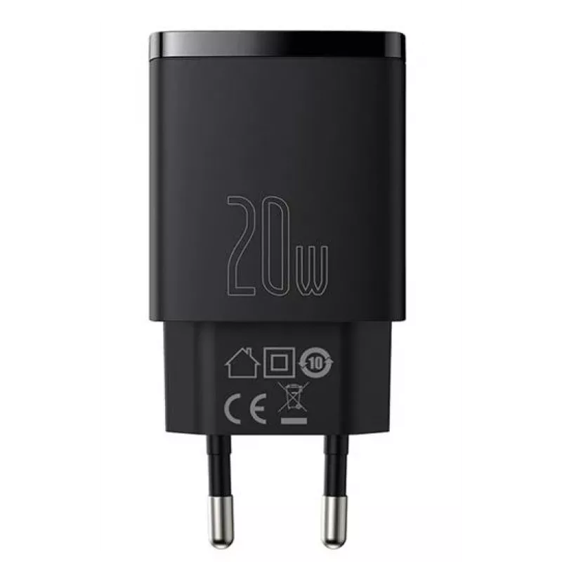 Baseus CCXJ-B01 — ātrs lādētājs 2-portu (USB-C PD 20W + USB-A QC3.0 18W), 100–240V, Melns