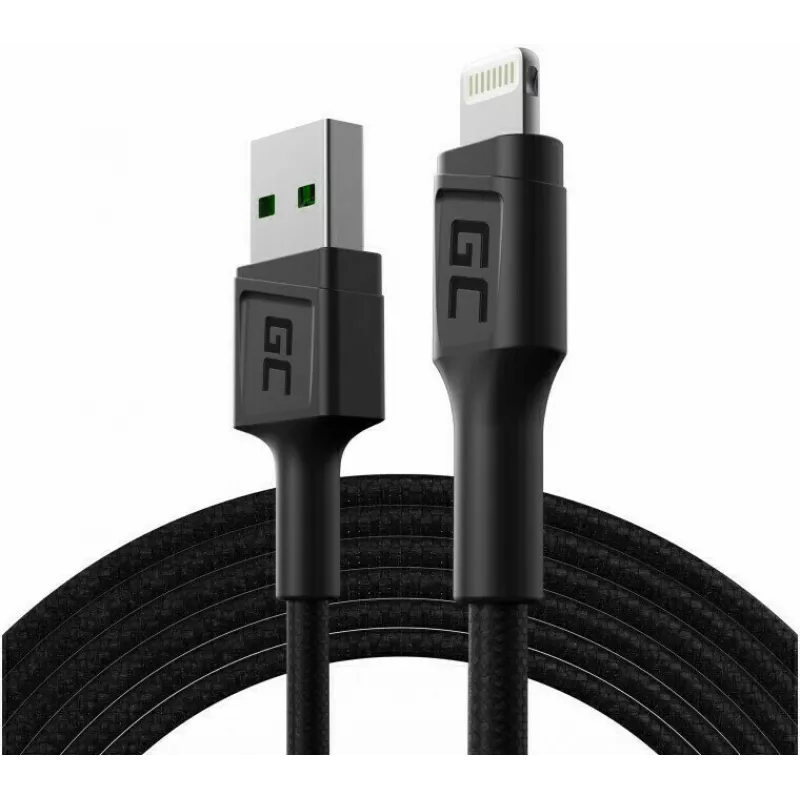 Lightning kabelis Green Cell KABGC18 — 2 m, Lightning uz USB-A, melns