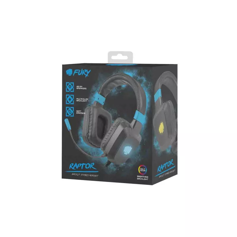 Vadu spēļu austiņas Fury NFU-1584 ar buma mikrofonu, apvalka tipa, 98 dB, 15–25000 Hz, 2 m kabelis, USB un 3,5 mm, zila