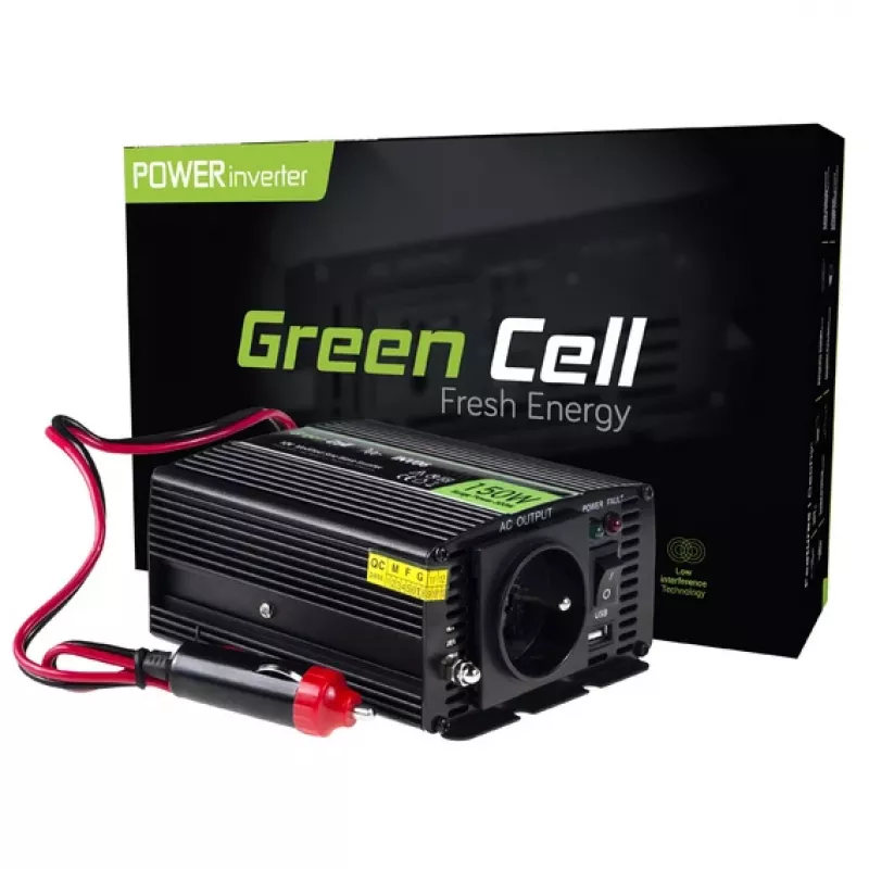 Invertora barošanas adapteris Green Cell INV06 12V uz 230V 150W 50Hz C tipa spraudnis, 85% efektivitāte, melns
