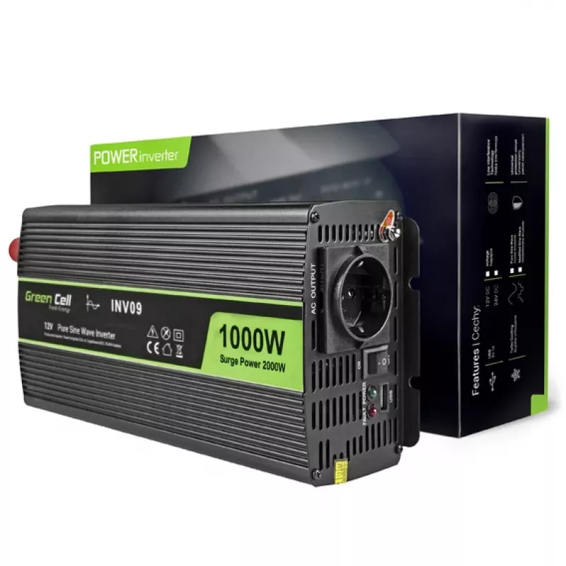 Green Cell INV09 tīkla sprieguma pārveidotājs 12V->230V 1000W melns