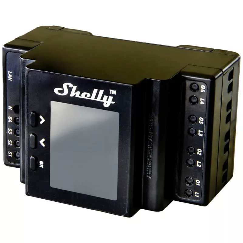 DIN-slīdņu releju modulis Shelly 4Pro PM 4-kanālu Wi‑Fi, 4 kanāli, AC 110–240V, jaudas un enerģijas mērīšana, DIN stiprinājums